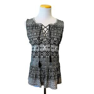LUCKY BRAND Pattern Black White Lace Front Tassel Boho Tank Top SMALL Sleeveless